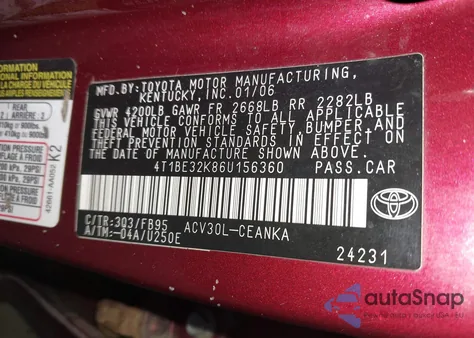 2006 Toyota Camry Le/Se/Std/Xle из США, поврежденный, VIN 4T1BE32K86U156360